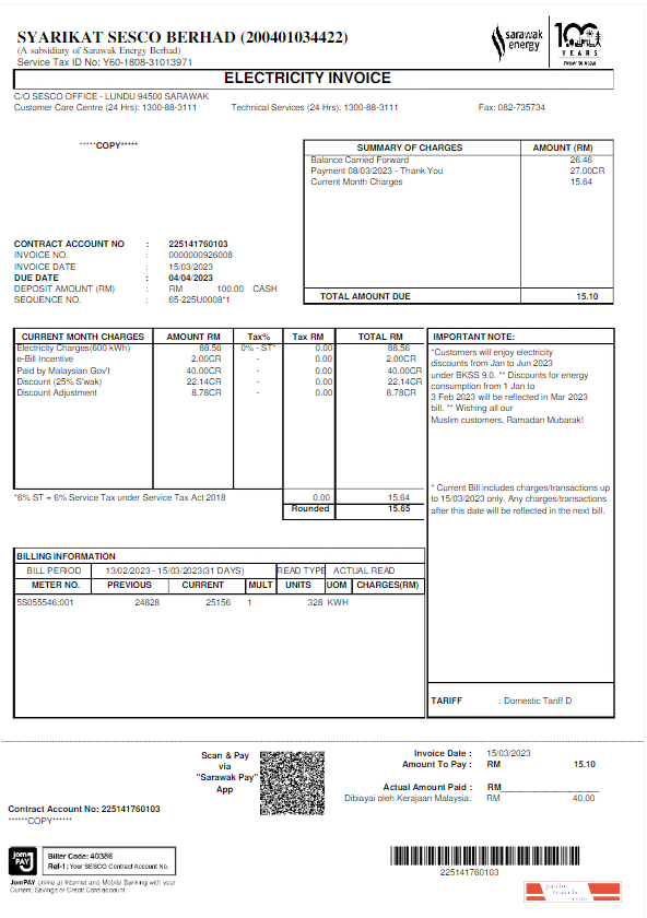MALAYSIA SARAWAK ENERGY utility bill Wordd and PDF template